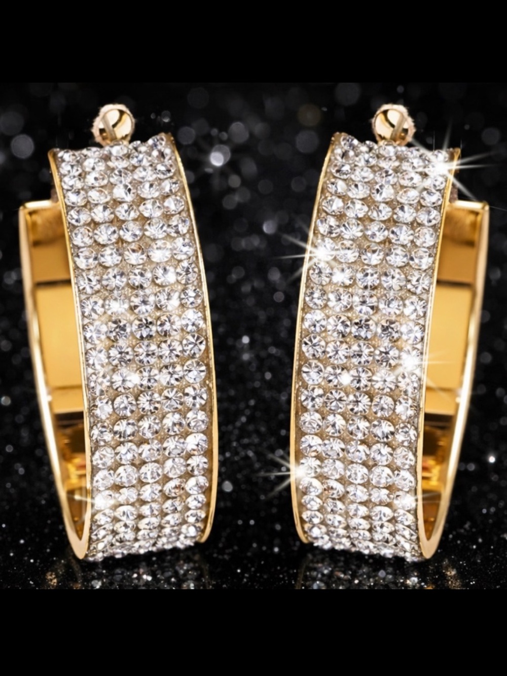 1.5" Long BLING Pave Set Crystal cz rhinestone statement WIDE Hoop Earrings Gold